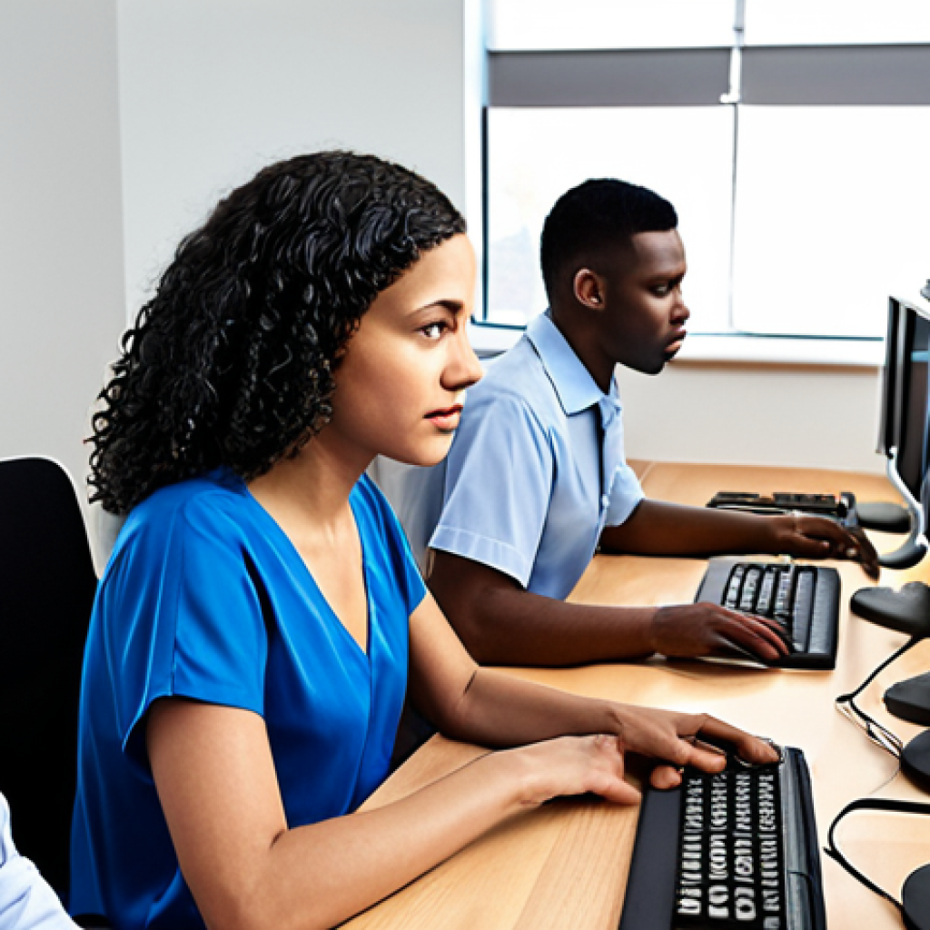 **A diverse team of data labelers working collaboratively at computers, ensuring fairness and accuracy in AI training data. Focus on the ethical implications and benefits of unbiased data labeling.**