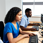 **A diverse team of data labelers working collaboratively at computers, ensuring fairness and accuracy in AI training data. Focus on the ethical implications and benefits of unbiased data labeling.**