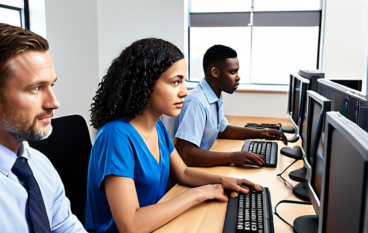 **A diverse team of data labelers working collaboratively at computers, ensuring fairness and accuracy in AI training data. Focus on the ethical implications and benefits of unbiased data labeling.**