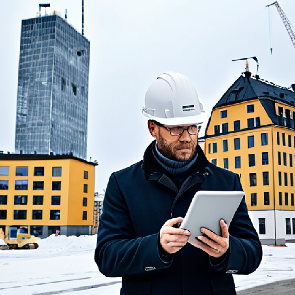 **

A professional architect, fully clothed in a stylish but modest outfit appropriate for a construction site, reviewing blueprints on a tablet. The backdrop is a modern, Scandinavian-style building under construction in Stockholm, Sweden. The lighting is overcast, typical of a Swedish winter day. Perfect anatomy, correct proportions, well-formed hands, proper finger count, natural pose, safe for work, appropriate content, family-friendly.

**