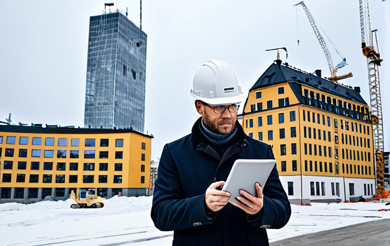 **

A professional architect, fully clothed in a stylish but modest outfit appropriate for a construction site, reviewing blueprints on a tablet. The backdrop is a modern, Scandinavian-style building under construction in Stockholm, Sweden. The lighting is overcast, typical of a Swedish winter day. Perfect anatomy, correct proportions, well-formed hands, proper finger count, natural pose, safe for work, appropriate content, family-friendly.

**