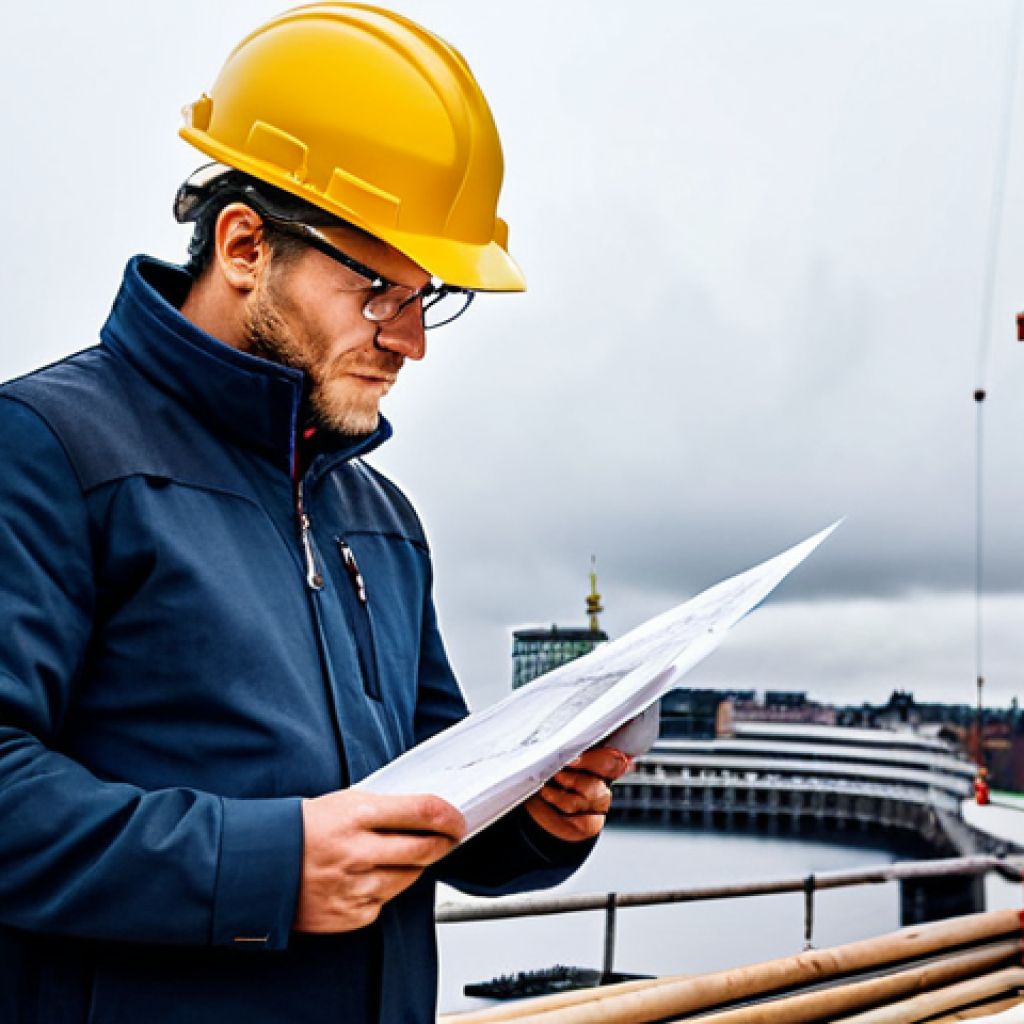 **

A professional architect in a modest, practical outfit, perhaps a sweater and durable trousers, reviewing blueprints on a construction site in Stockholm. The sky is overcast, typical Swedish weather.  Safety helmet visible. Fully clothed, safe for work, appropriate attire, professional, perfect anatomy, natural proportions, high quality.

**