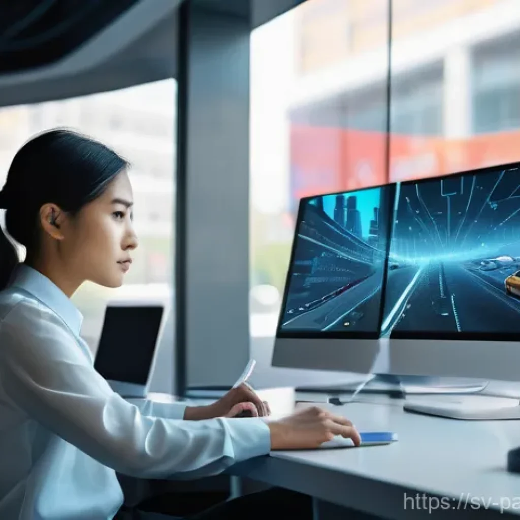 비즈니스 가치 창출을 위한 데이터 라벨링 - A focused data annotator, a young adult of indeterminate gender, dressed in a comfortable yet smart ...