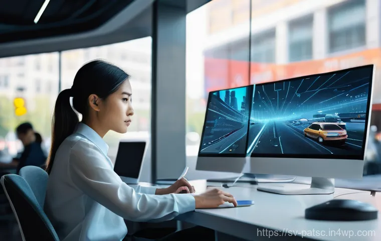 비즈니스 가치 창출을 위한 데이터 라벨링 - A focused data annotator, a young adult of indeterminate gender, dressed in a comfortable yet smart ...